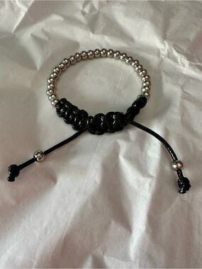 Men's Black Cord Bracelet with Silver Beads — Adjustable Casual Bracelet